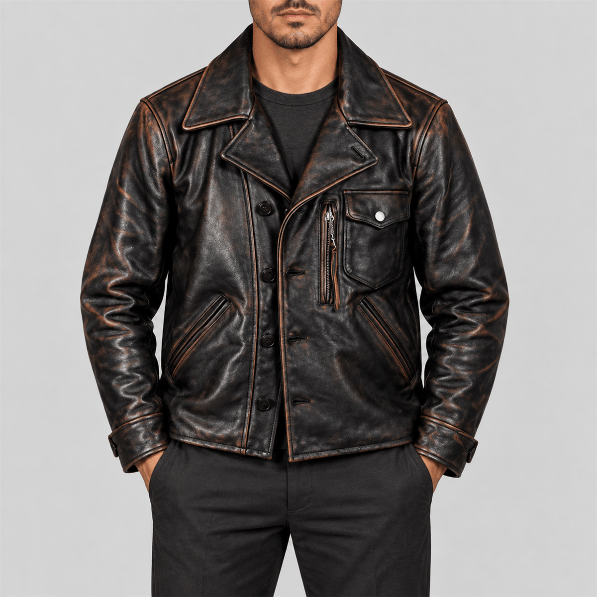 Men's 1940s California Bears Black Tea-Core Cowhide Leather Car Coat