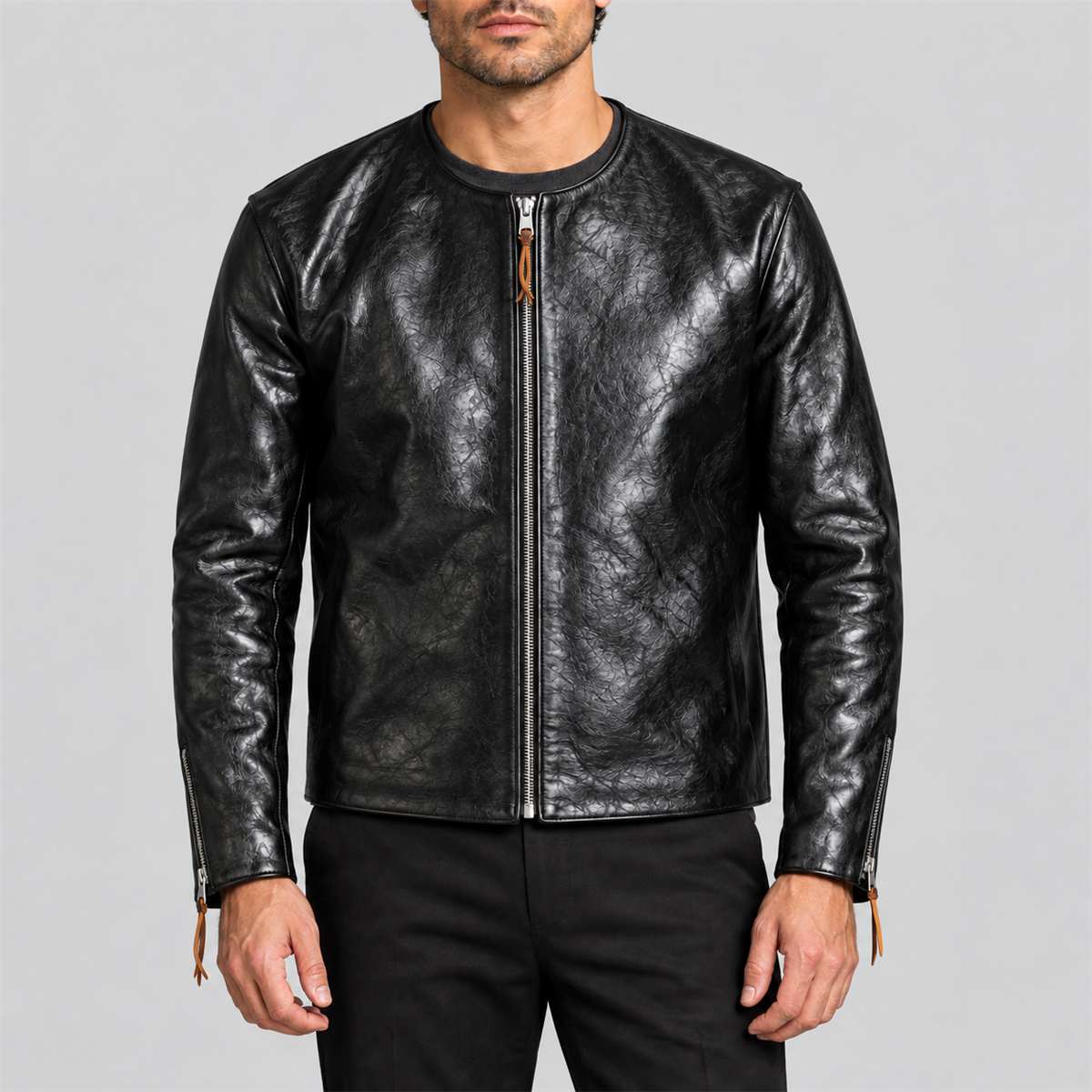 Men's 1960s Black Collarless Tea-Core Cowhide Leather Racing Jacket