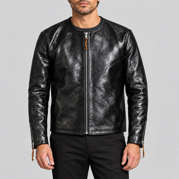 Men's 1960s Black Collarless Tea-Core Cowhide Leather Racing Jacket