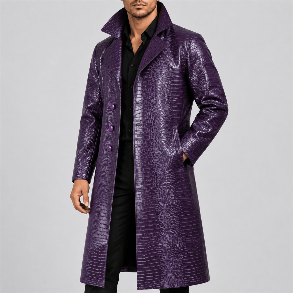 Men's Joker Halloween Purple Crocodile-Pattern Long Coat