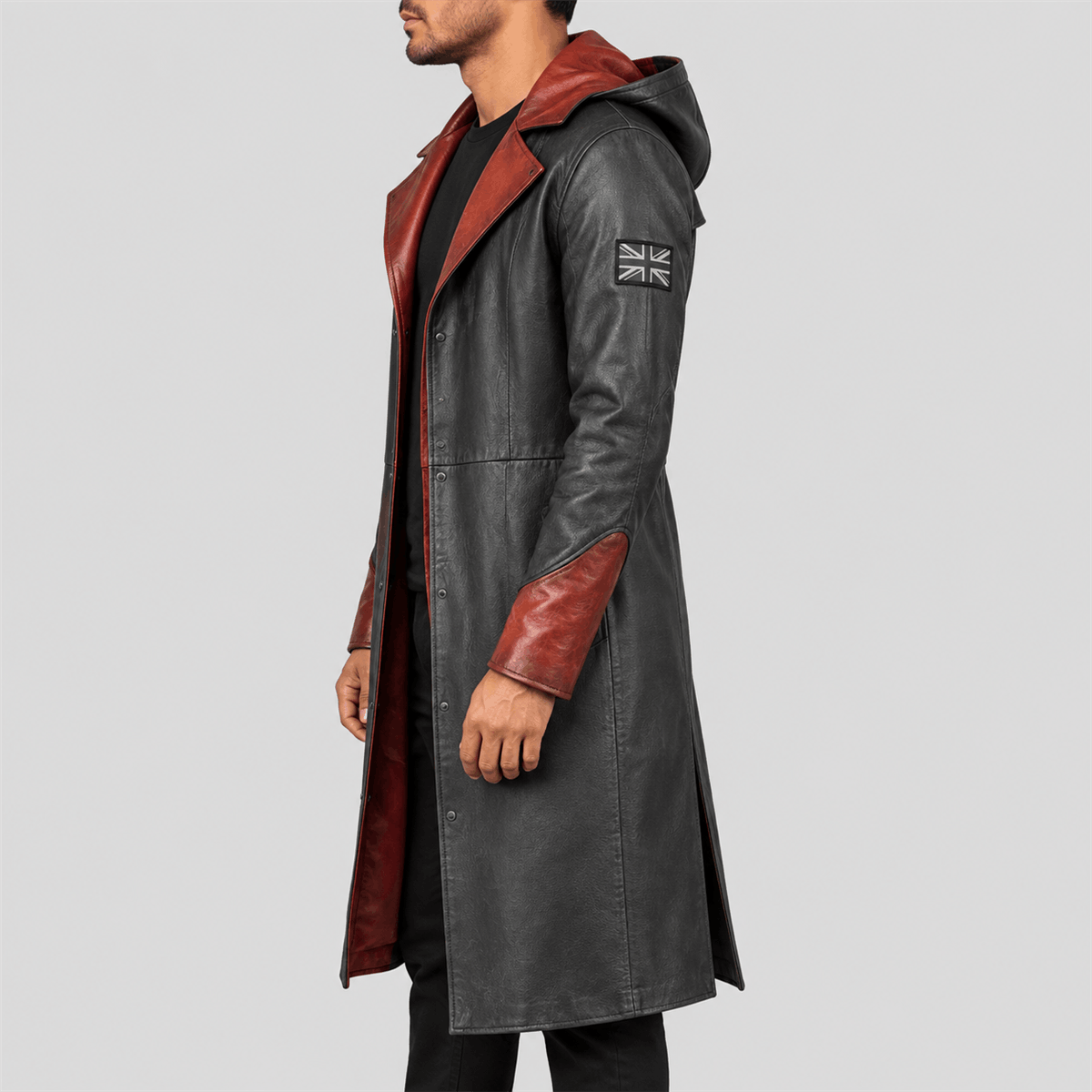 Men's DMC-Inspired Black and Red Hooded Leather Coat