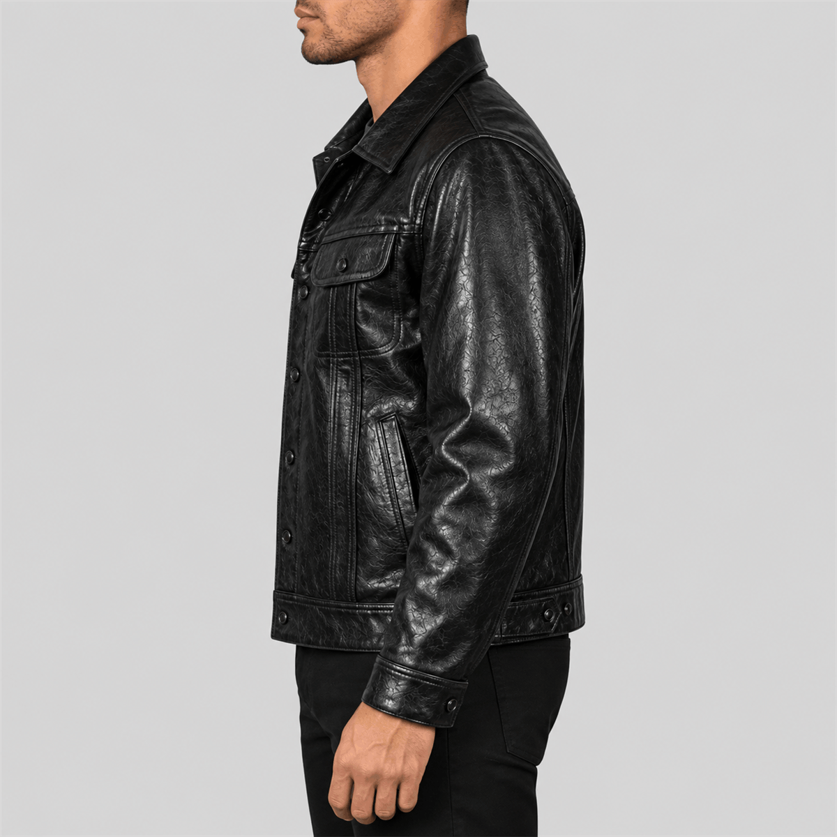 Men's Classic Black Button-Front Leather Trucker Jacket