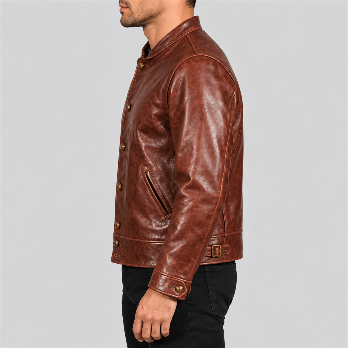 Men's Vintage Chestnut Brown Stand-Collar Leather Jacket