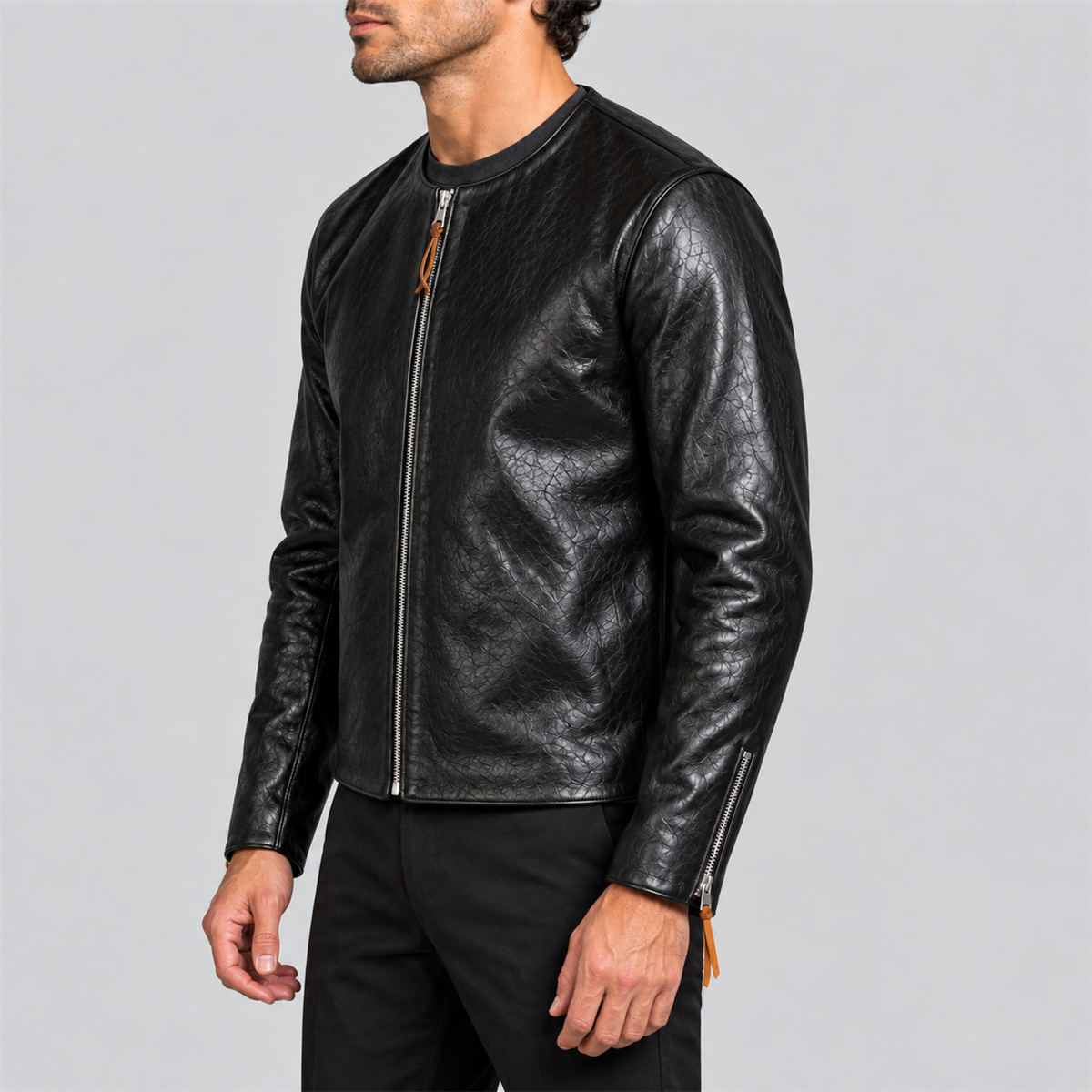 Men's 1960s Black Collarless Tea-Core Cowhide Leather Racing Jacket