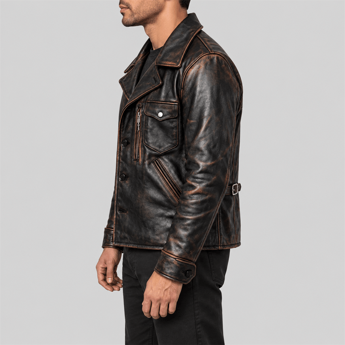 Men's 1940s California Bears Black Tea-Core Cowhide Leather Car Coat