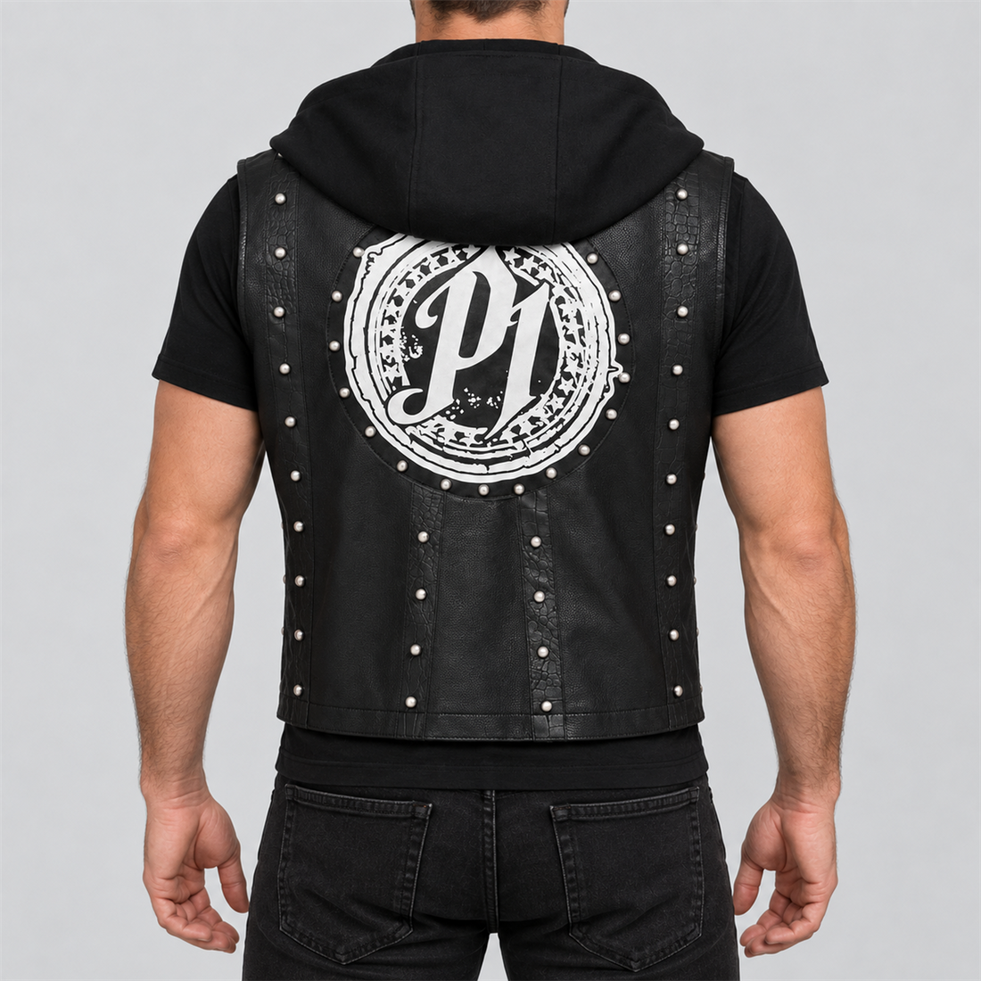 Men's AJ Styles Halloween black studded hooded leather vest — front view
