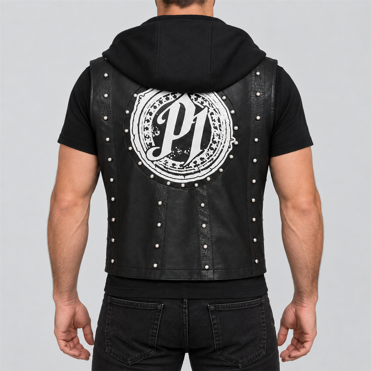 Men's AJ Styles Halloween black studded hooded leather vest — back view
