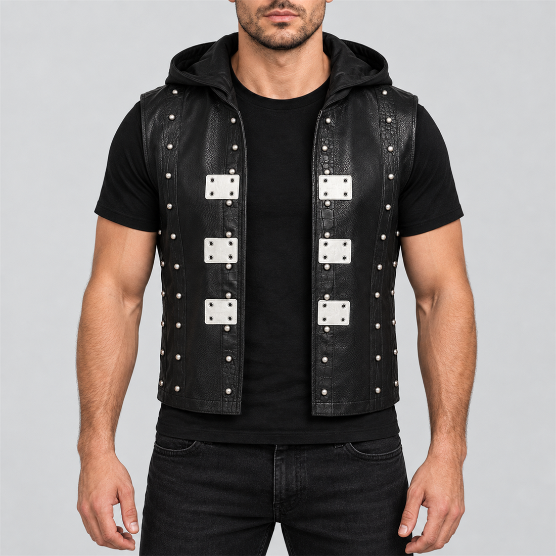 Men's AJ Styles Halloween black studded hooded leather vest — front view