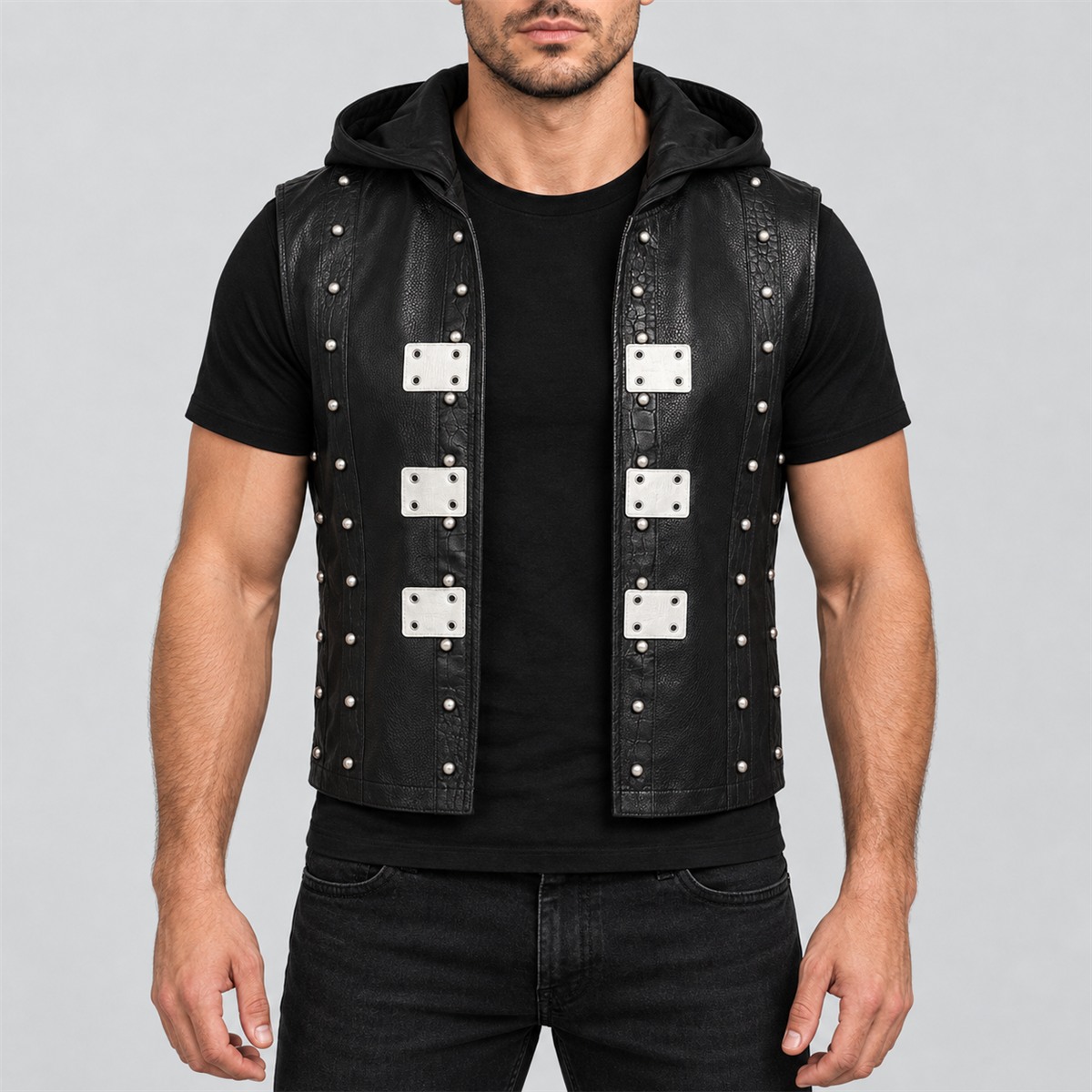 Men's AJ Styles Halloween black studded hooded leather vest — front view