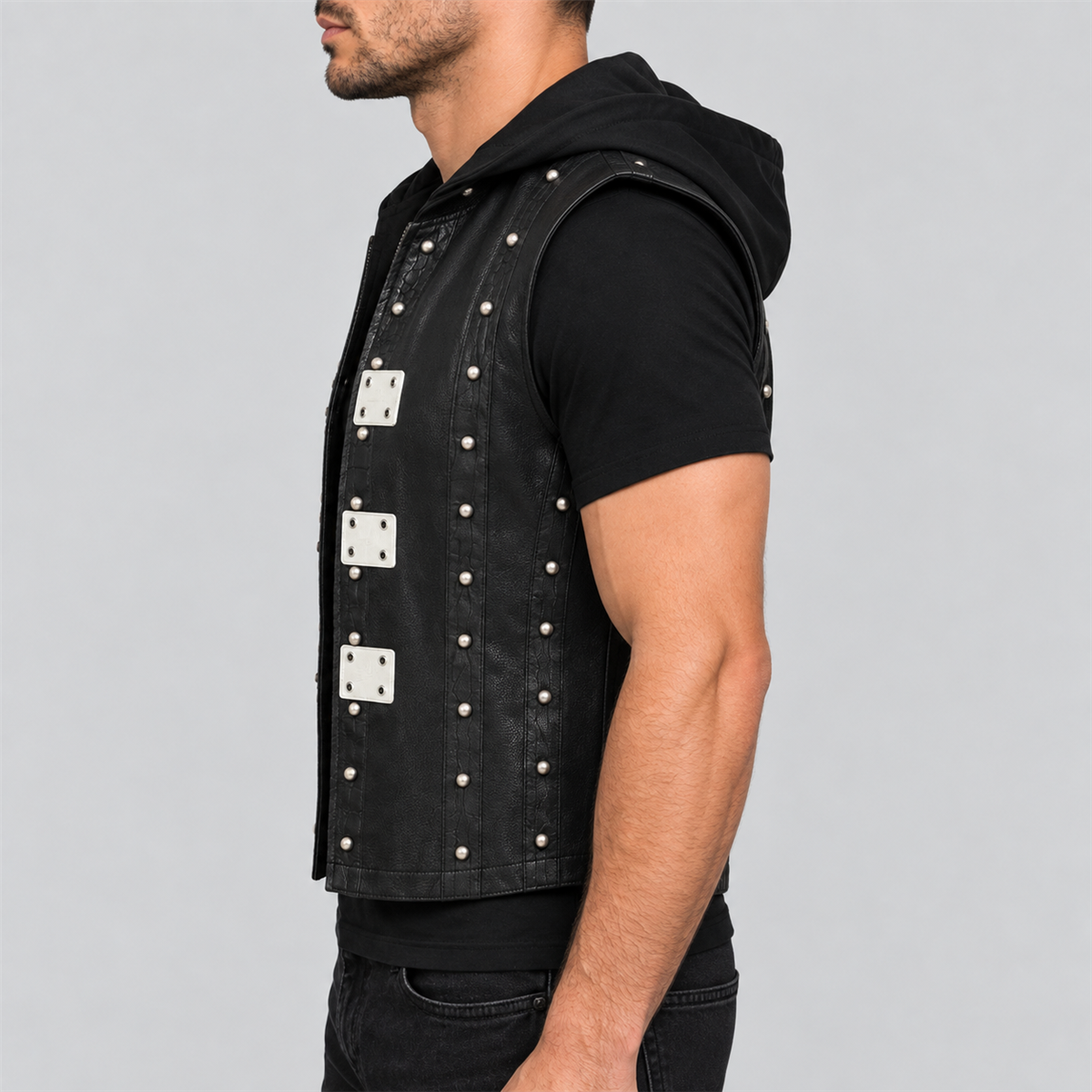 Men's AJ Styles Halloween black studded hooded leather vest — left view