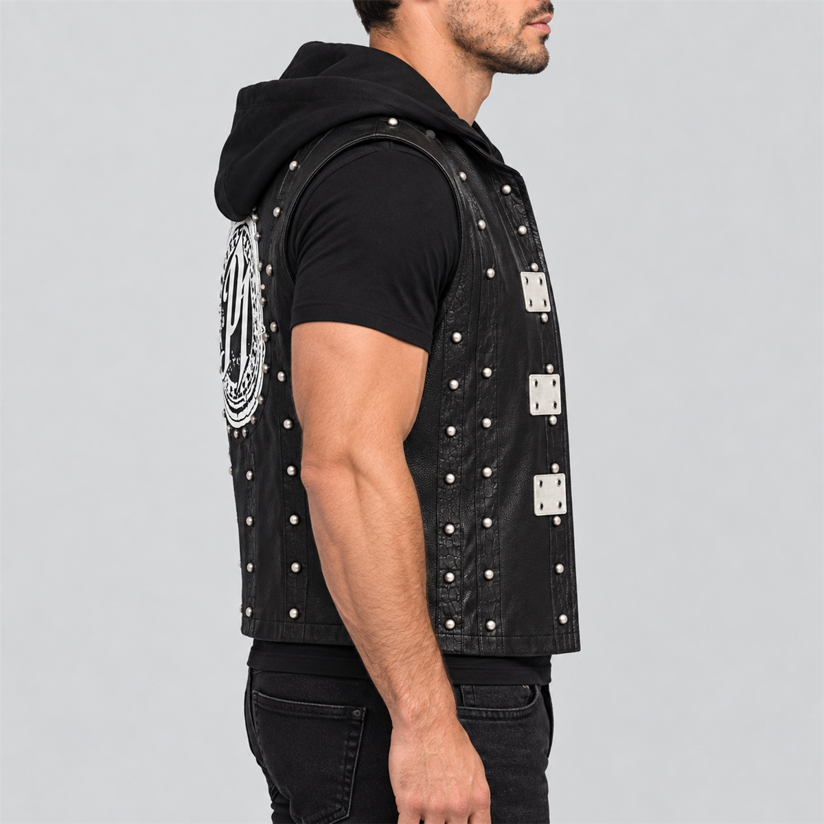 Men's AJ Styles Halloween black studded hooded leather vest — right view