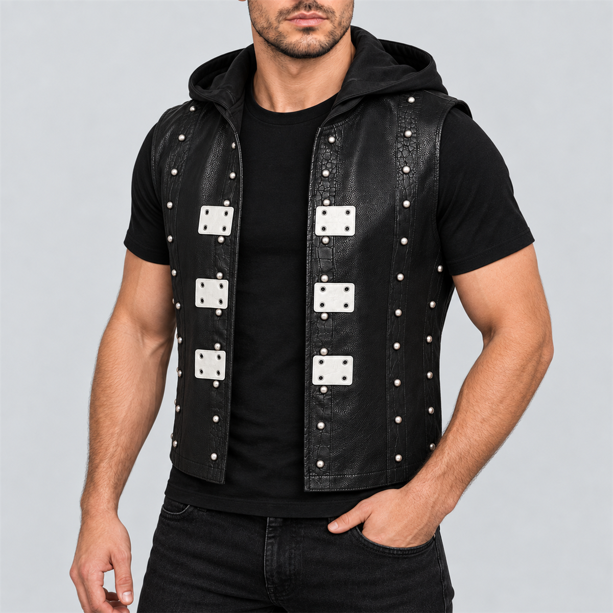 Men's AJ Styles Halloween black studded hooded leather vest — three-quarter view