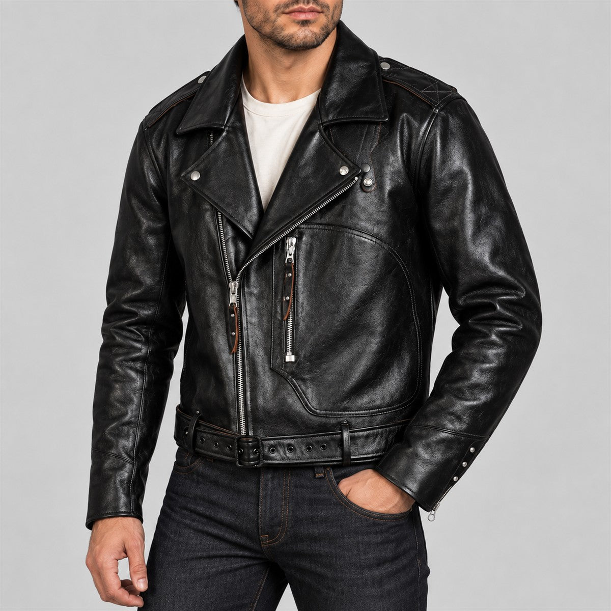 Men's Archetype Black Cowhide Leather D-Pocket Biker Jacket - alternate view