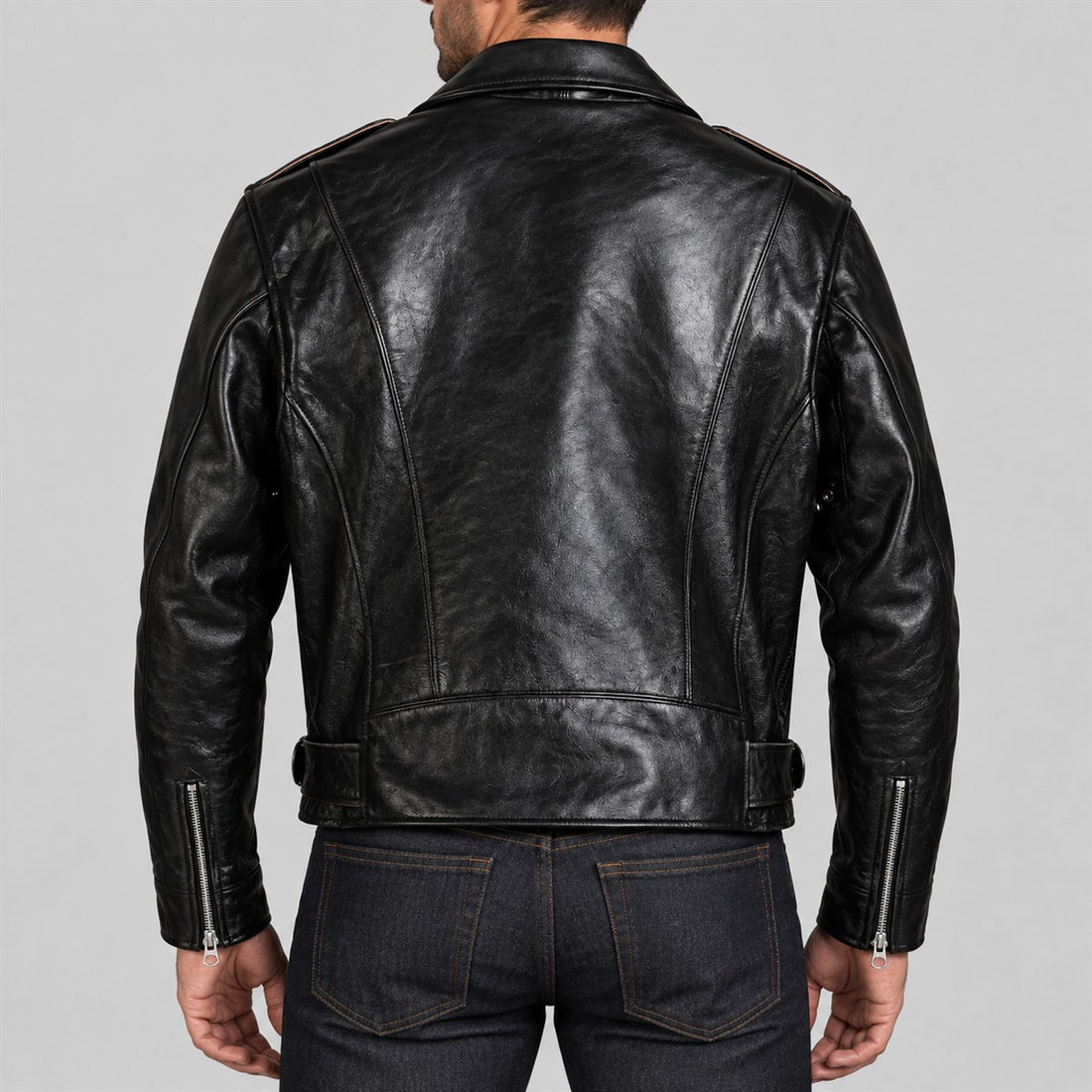 Men's Archetype Black Cowhide Leather D-Pocket Biker Jacket - front view