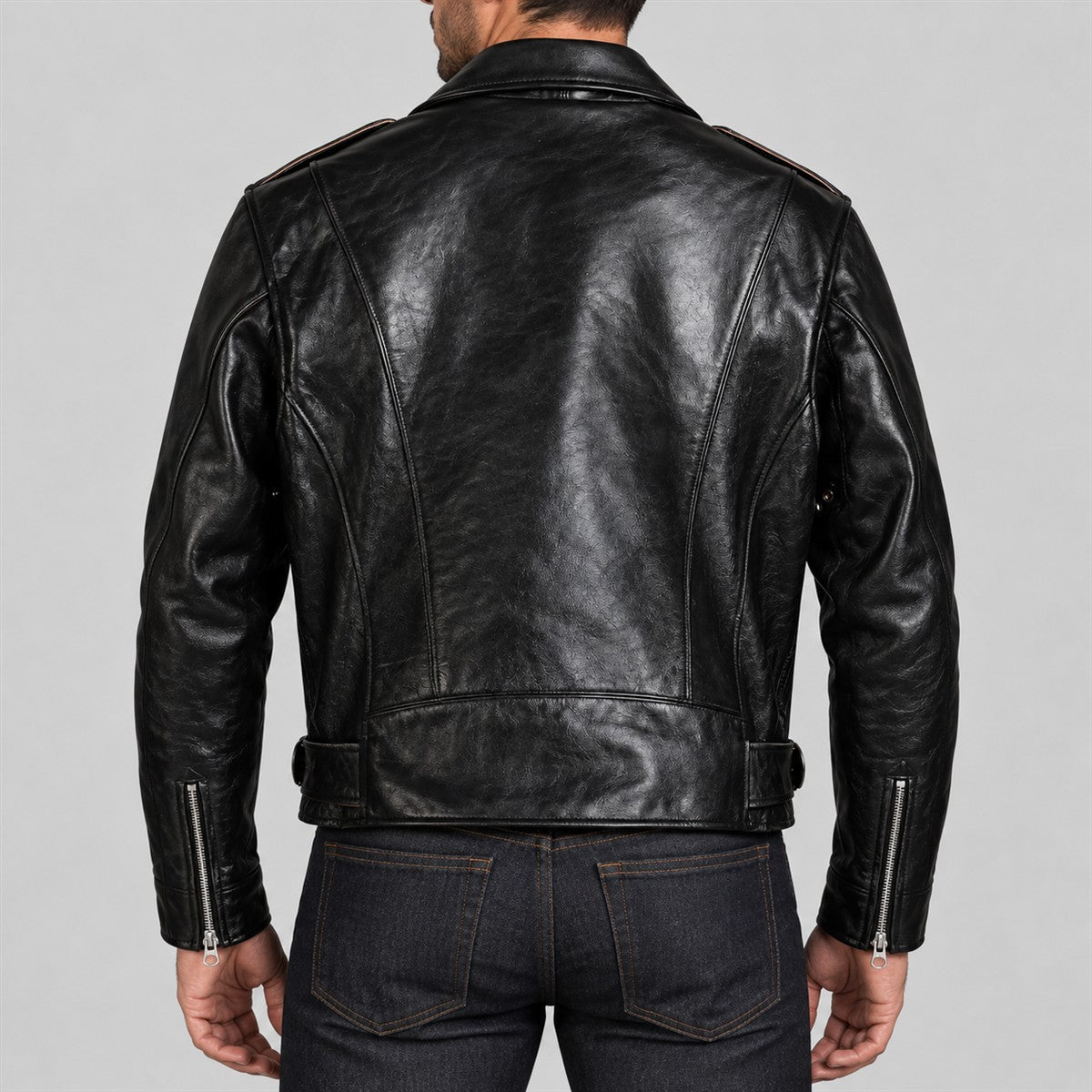 Men's Archetype Black Cowhide Leather D-Pocket Biker Jacket - back view