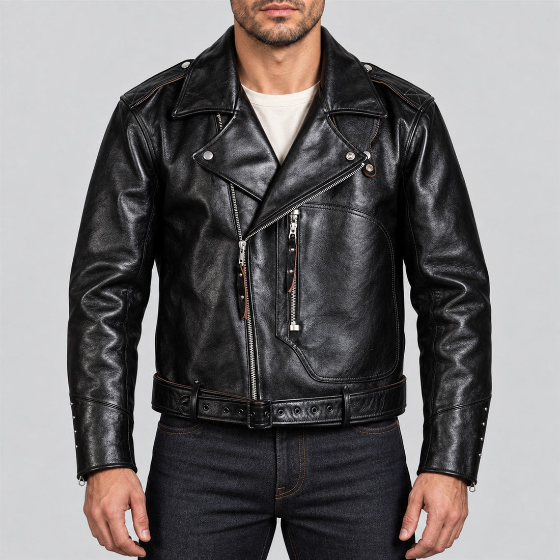 Men's Archetype Black Cowhide Leather D-Pocket Biker Jacket - front view