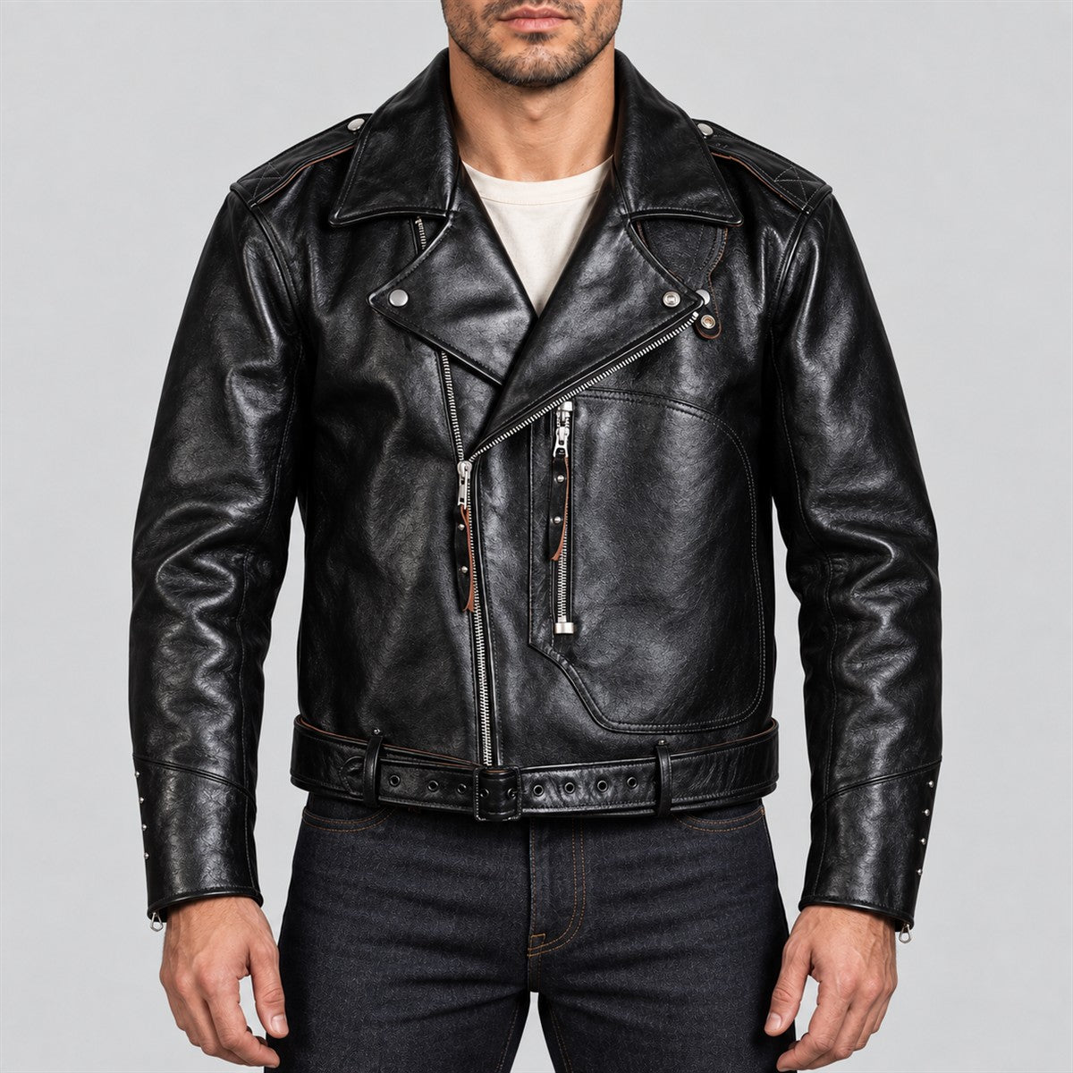 Men's Archetype Black Cowhide Leather D-Pocket Biker Jacket - front view
