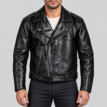 Men's Archetype Black Cowhide Leather D-Pocket Biker Jacket - front view