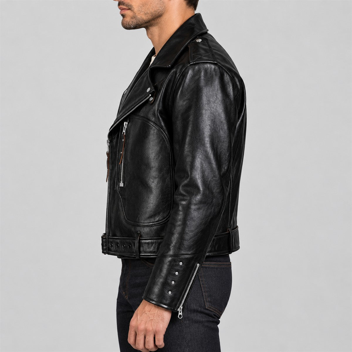 Men's Archetype Black Cowhide Leather D-Pocket Biker Jacket - left view
