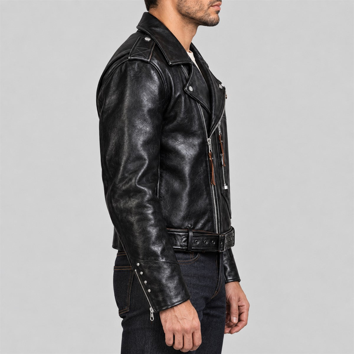 Men's Archetype Black Cowhide Leather D-Pocket Biker Jacket - right view