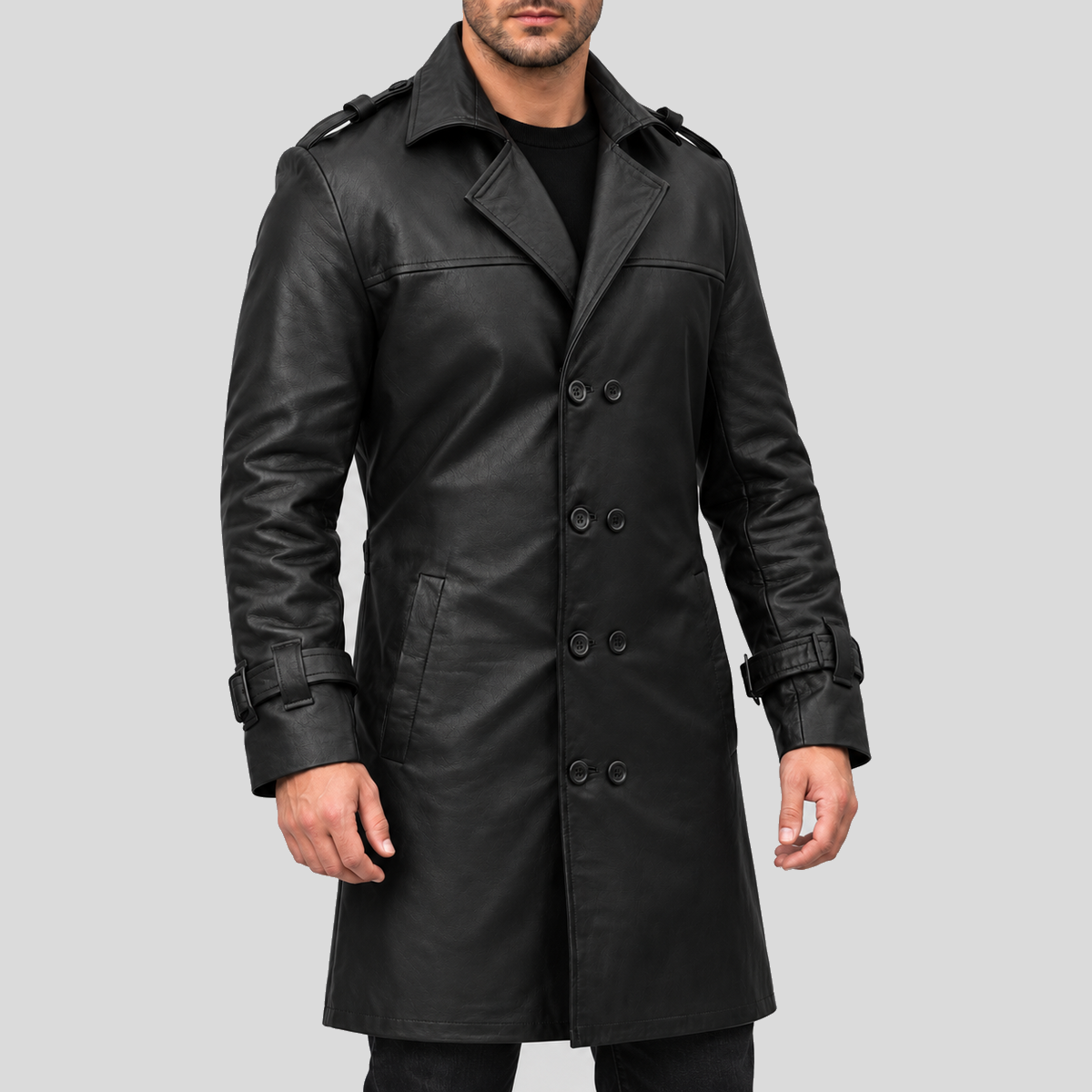 Men's black double-breasted leather trench coat alternate angle