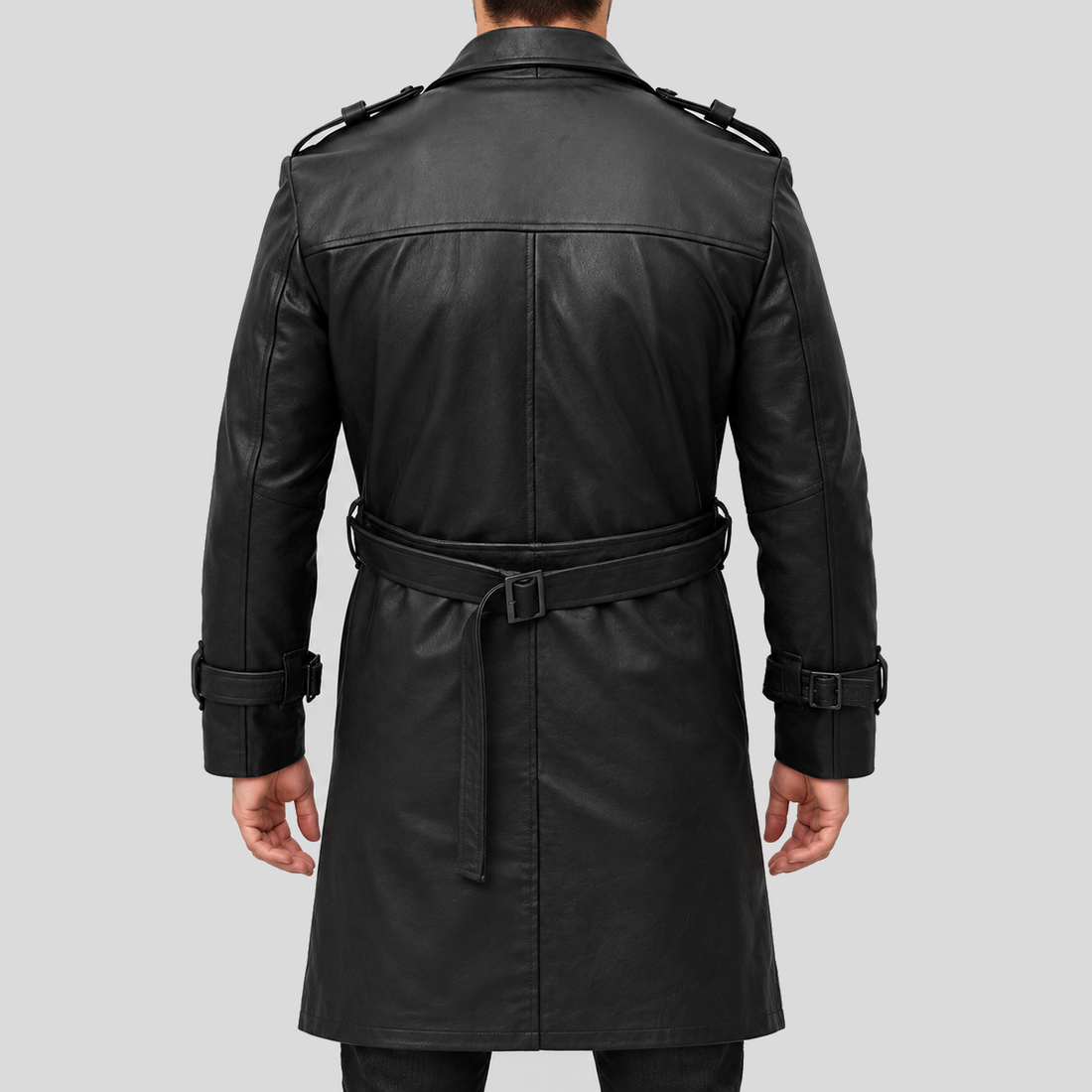 Men's black double-breasted leather trench coat front view