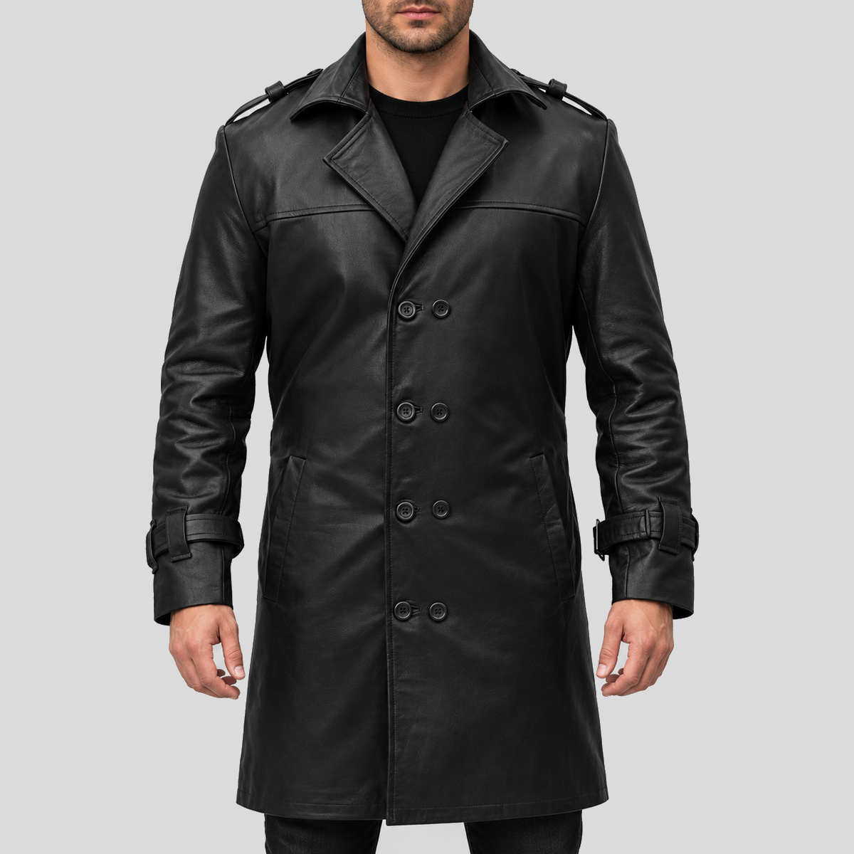 Men's black double-breasted leather trench coat front view