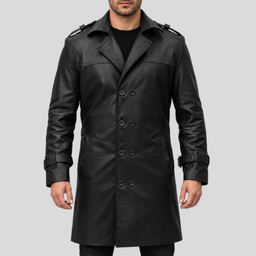 Men's black double-breasted leather trench coat front view