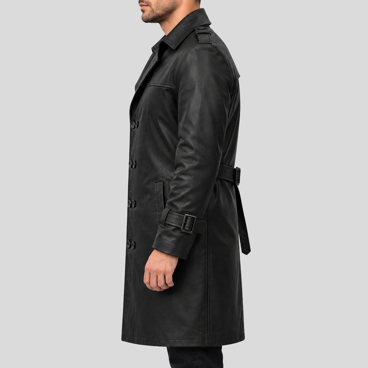 Men's black double-breasted leather trench coat left view