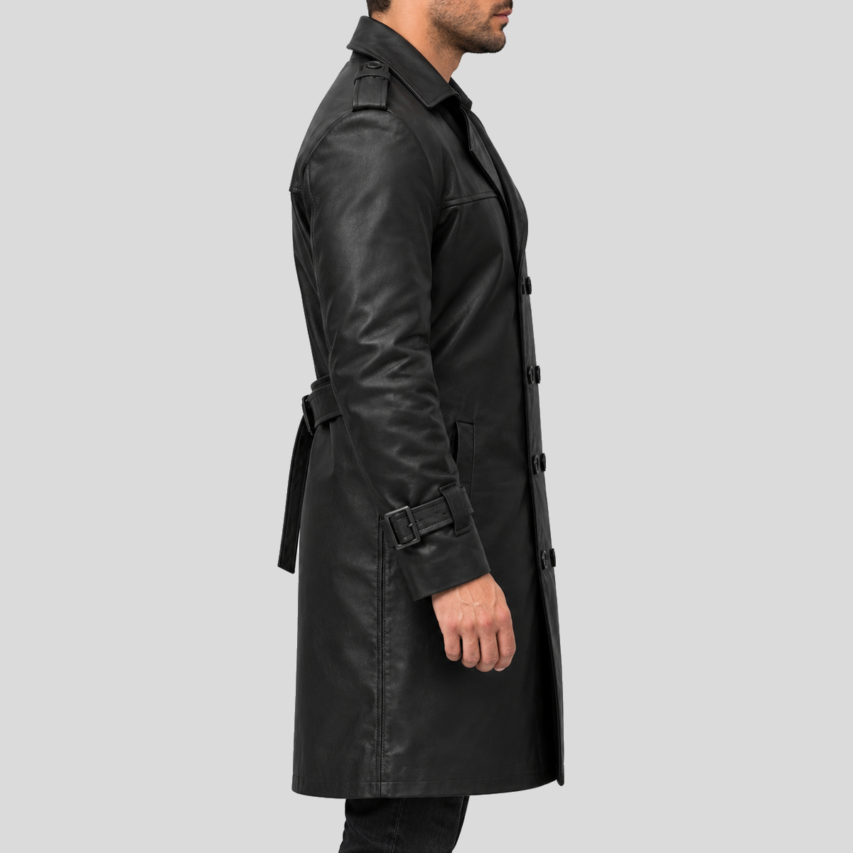 Men's black double-breasted leather trench coat right view