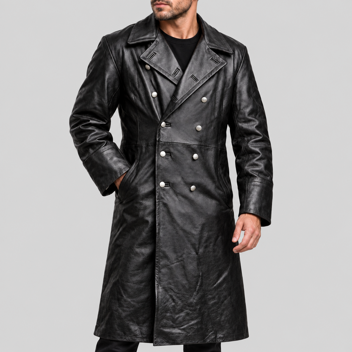 Men's black double-breasted long leather coat three-quarter view