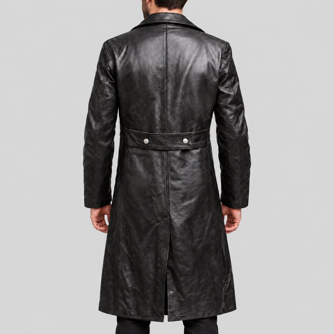 Men's black double-breasted long leather coat front view