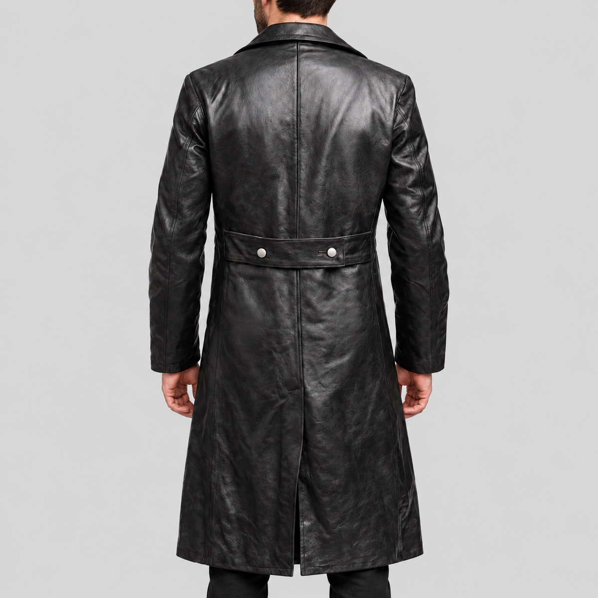 Men's black double-breasted long leather coat back view