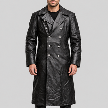 Men's black double-breasted long leather coat front view
