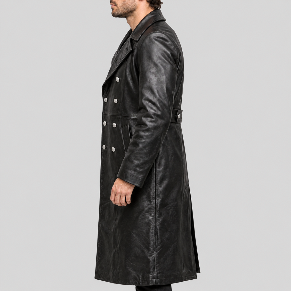 Men's black double-breasted long leather coat left side view