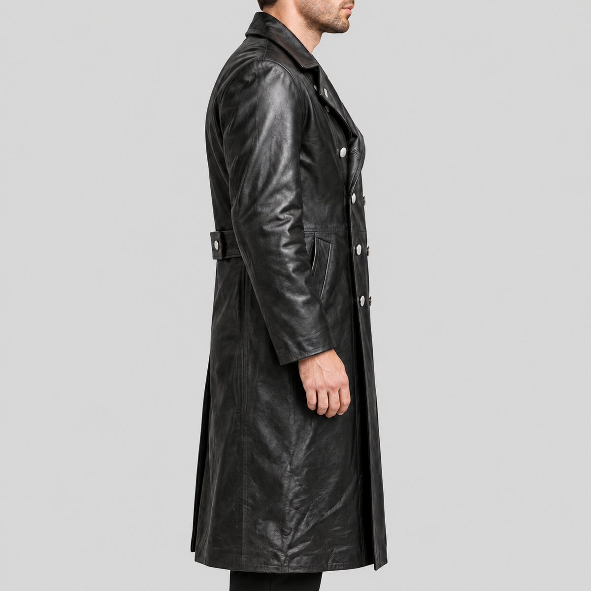 Men's black double-breasted long leather coat right side view