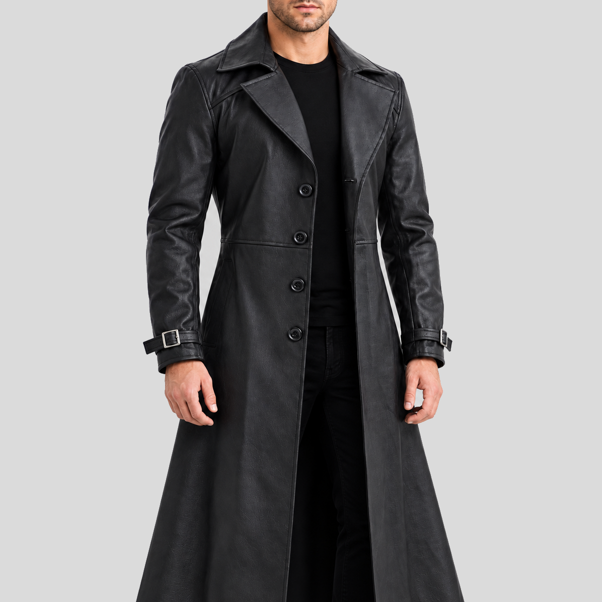 Men's black gothic four-button long leather coat alternate angle