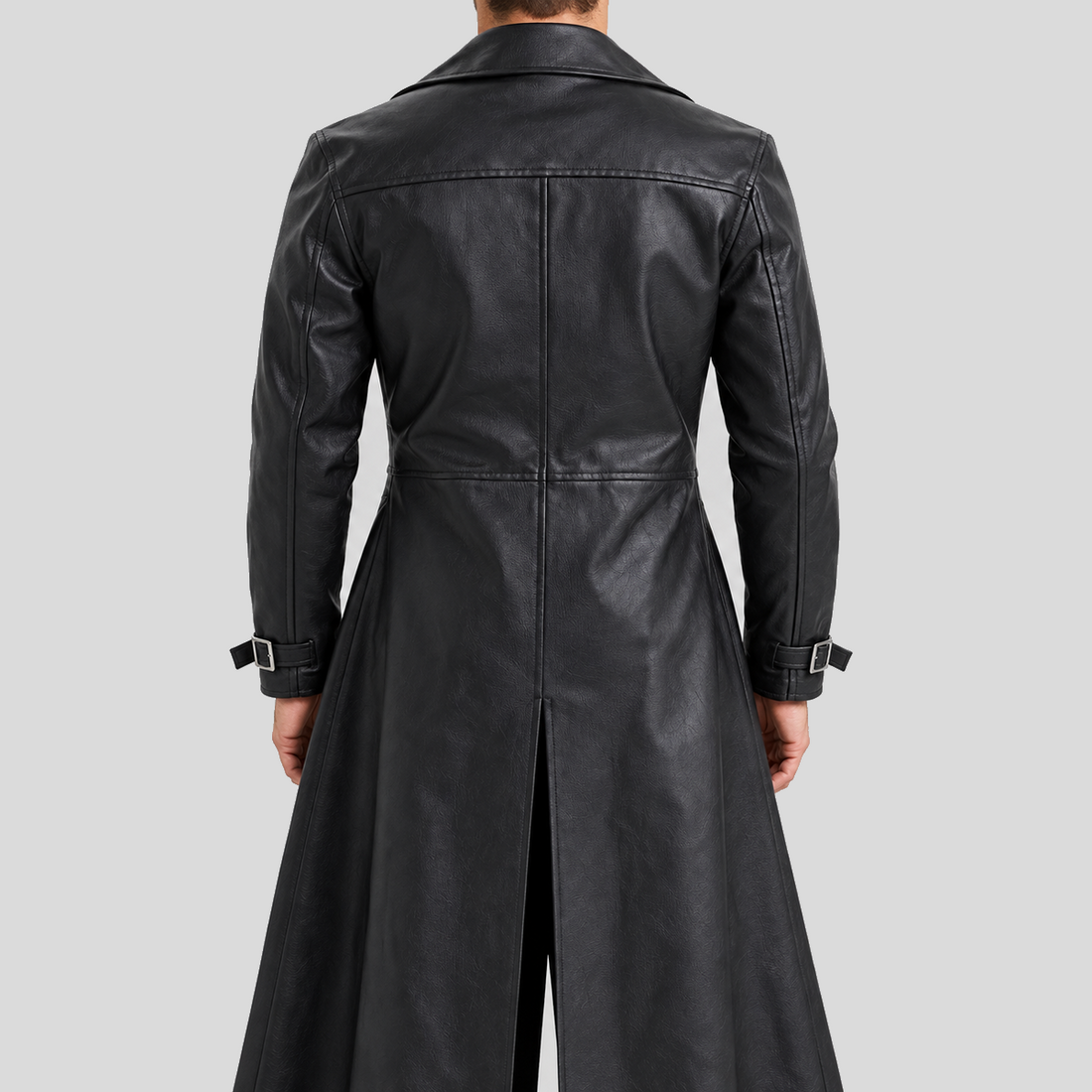 Men's black gothic four-button long leather coat front view