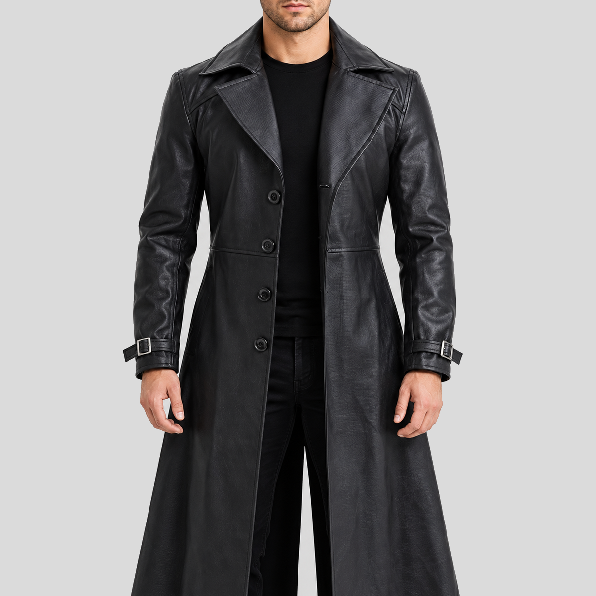 Men's black gothic four-button long leather coat front view