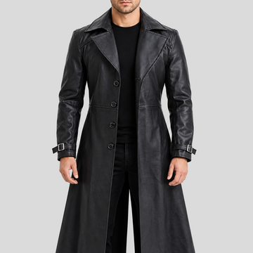 Men's black gothic four-button long leather coat front view