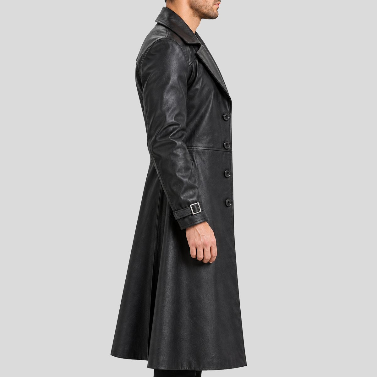 Men's black gothic four-button long leather coat left view