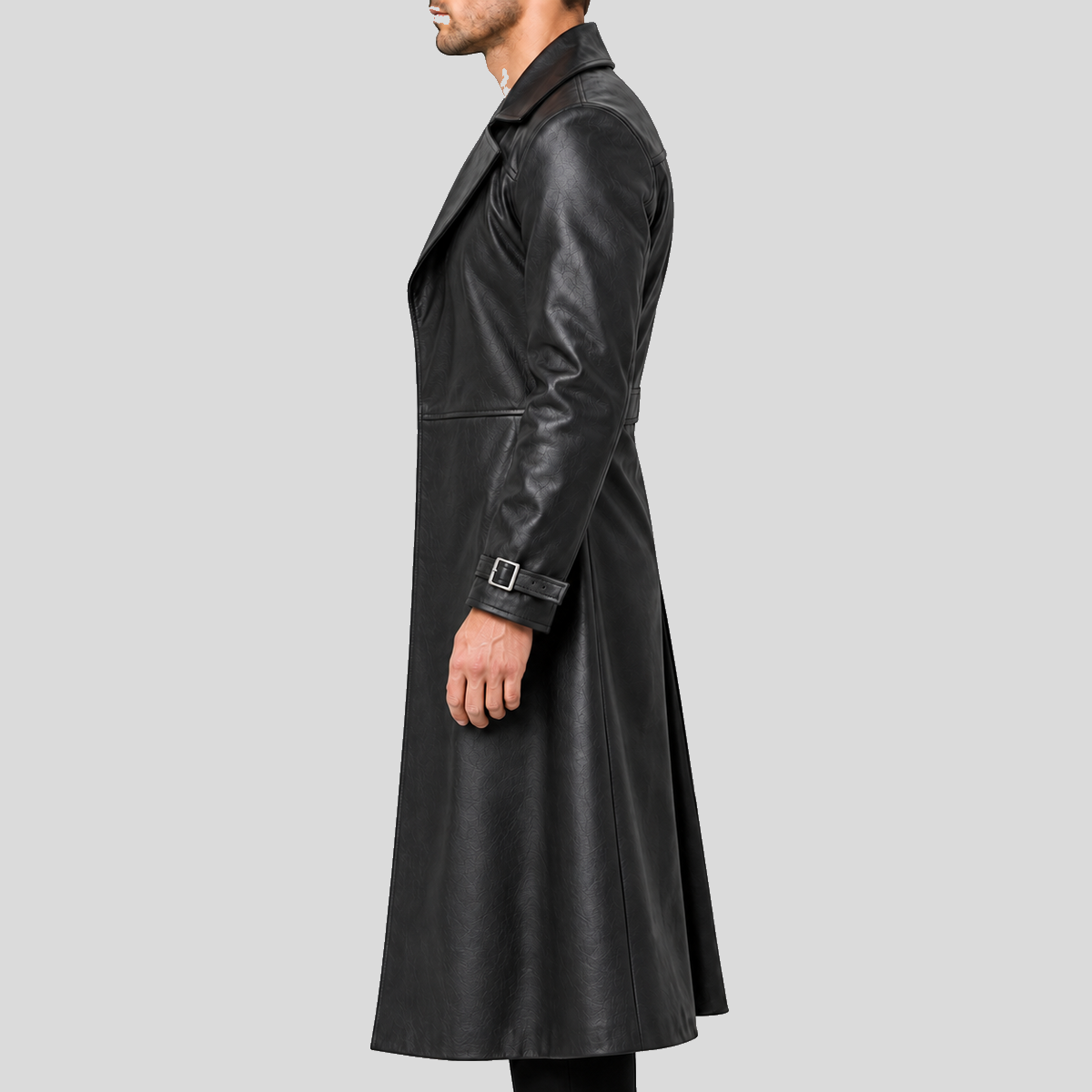 Men's black gothic four-button long leather coat right side view