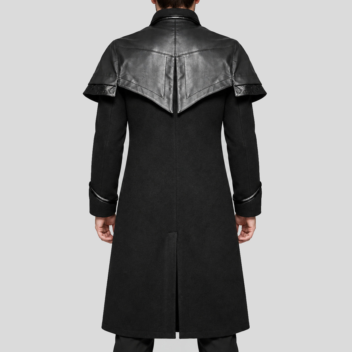 Men's black Gothic military long coat back view