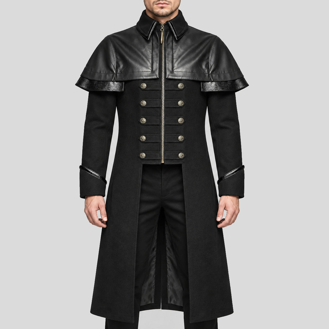 Men's black Gothic military long coat front view