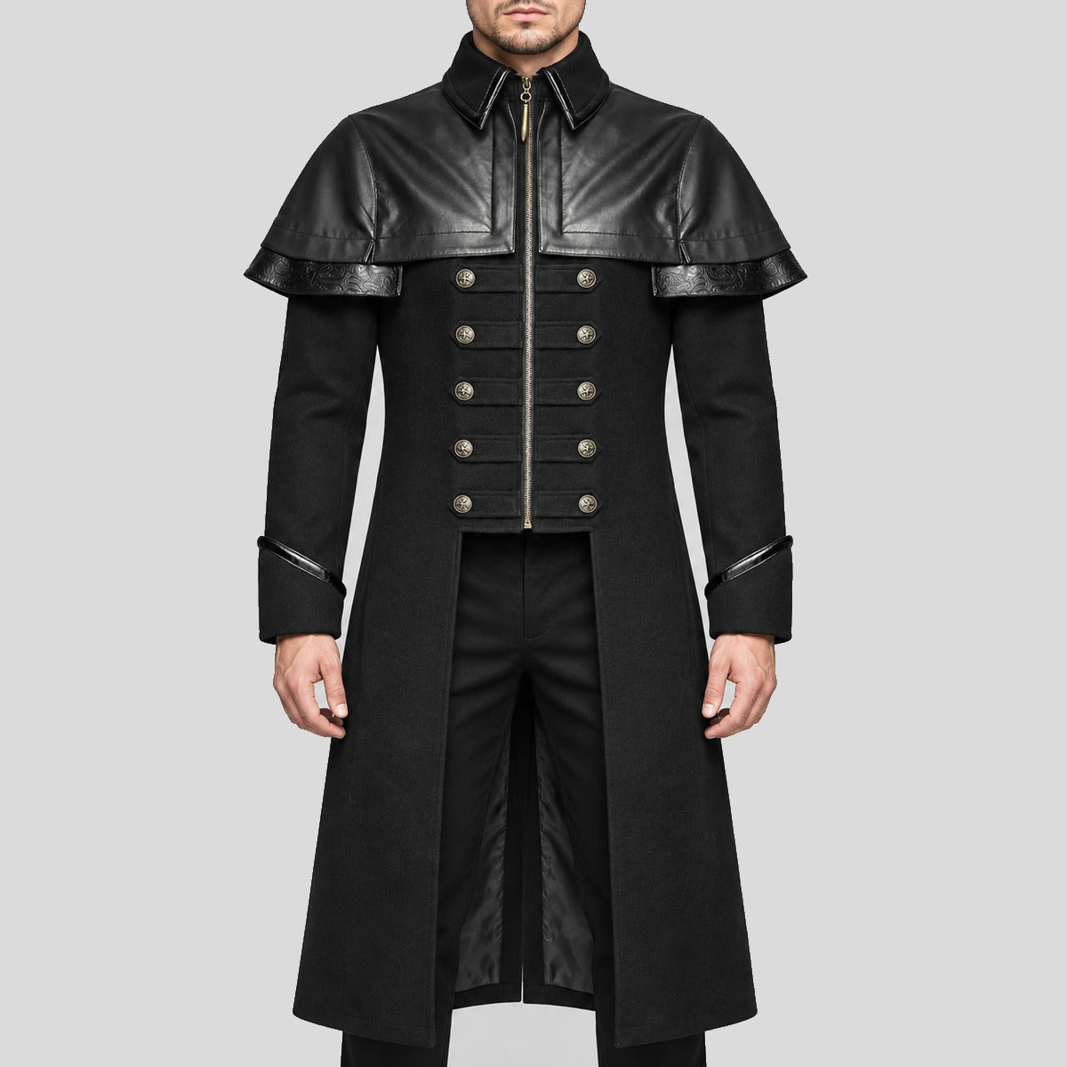 Men's black Gothic military long coat front view