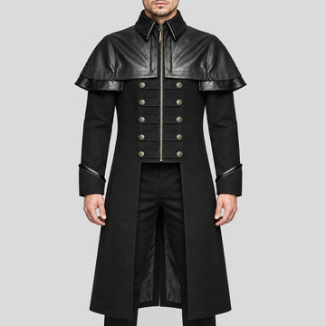 Men's black Gothic military long coat front view