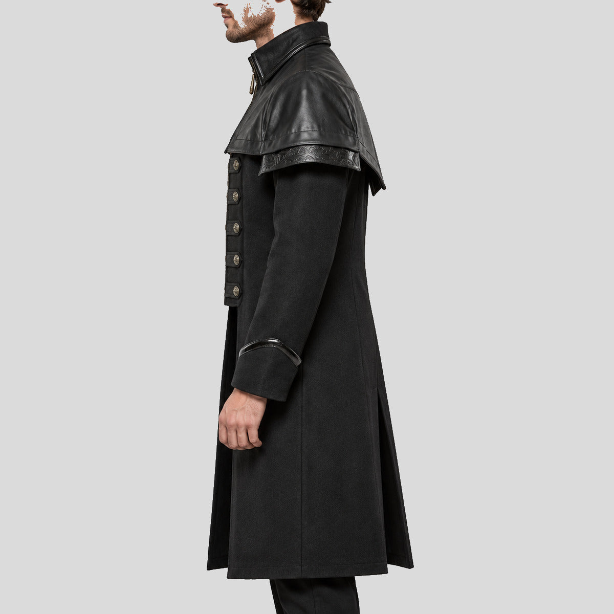 Men's black Gothic military long coat left side view
