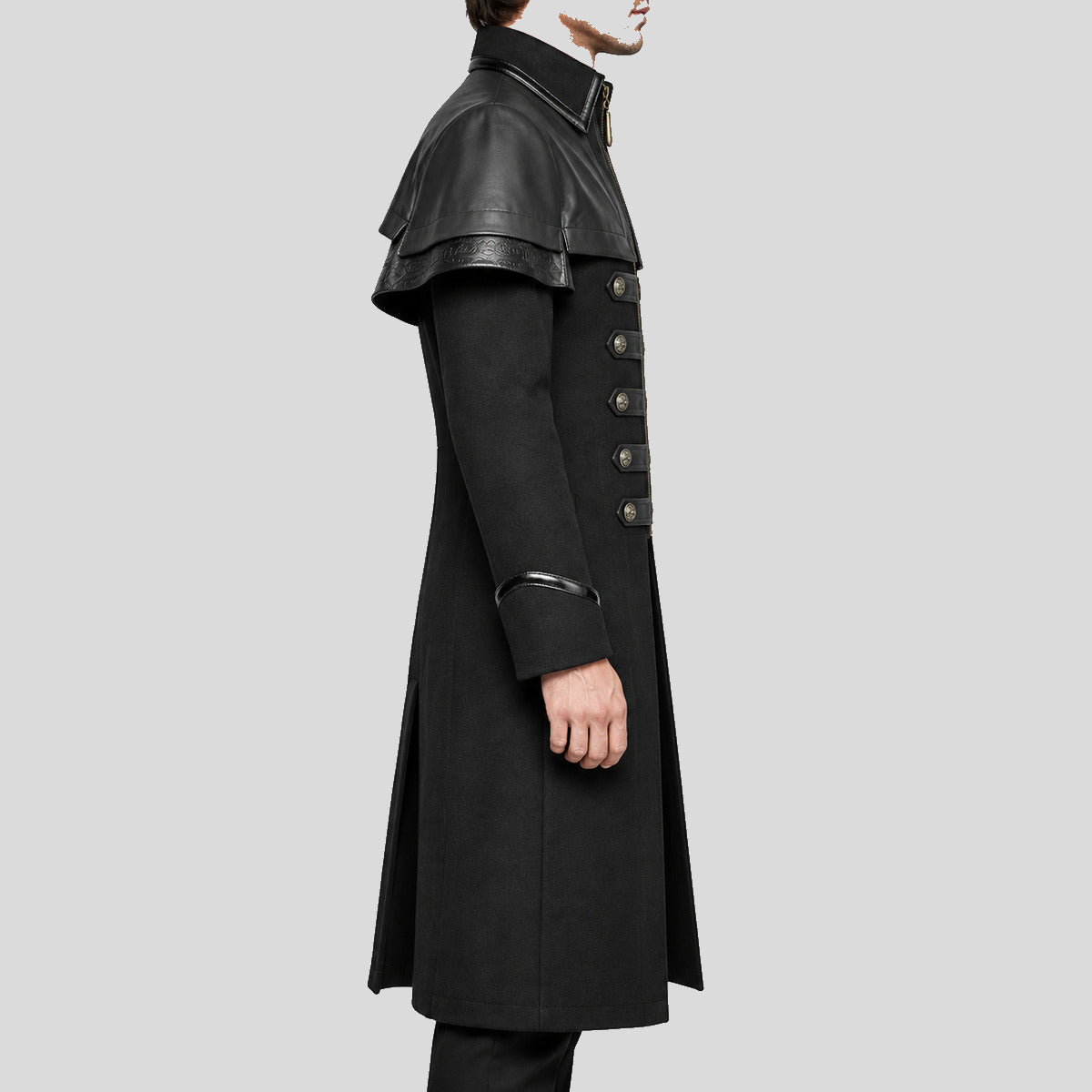 Men's black Gothic military long coat right side view