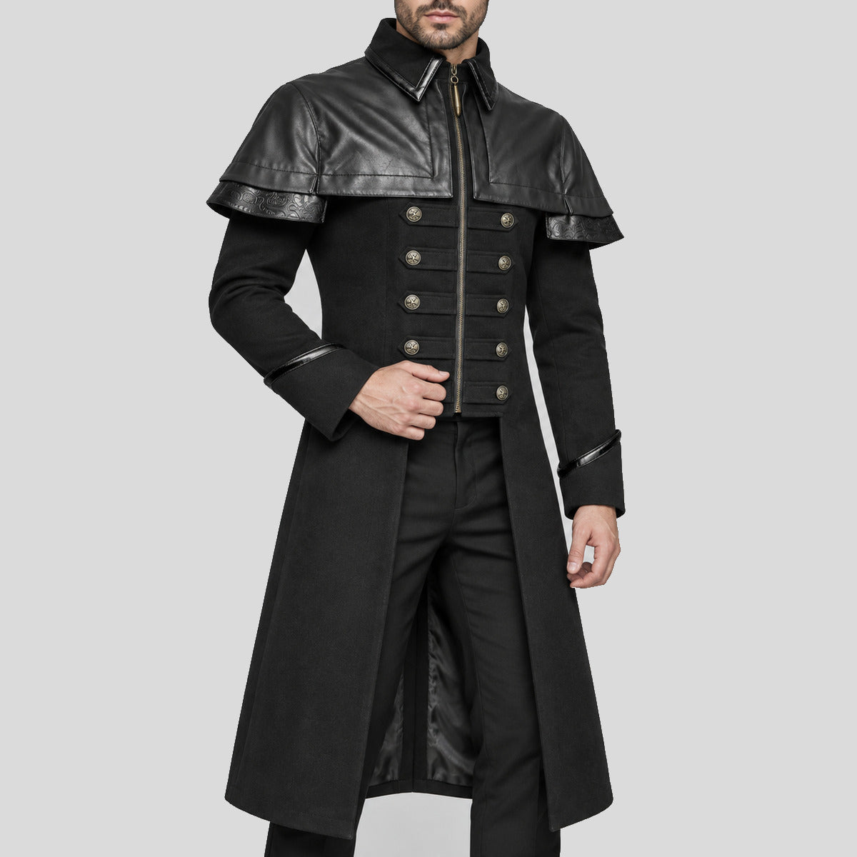 Men's black Gothic military long coat three-quarter view