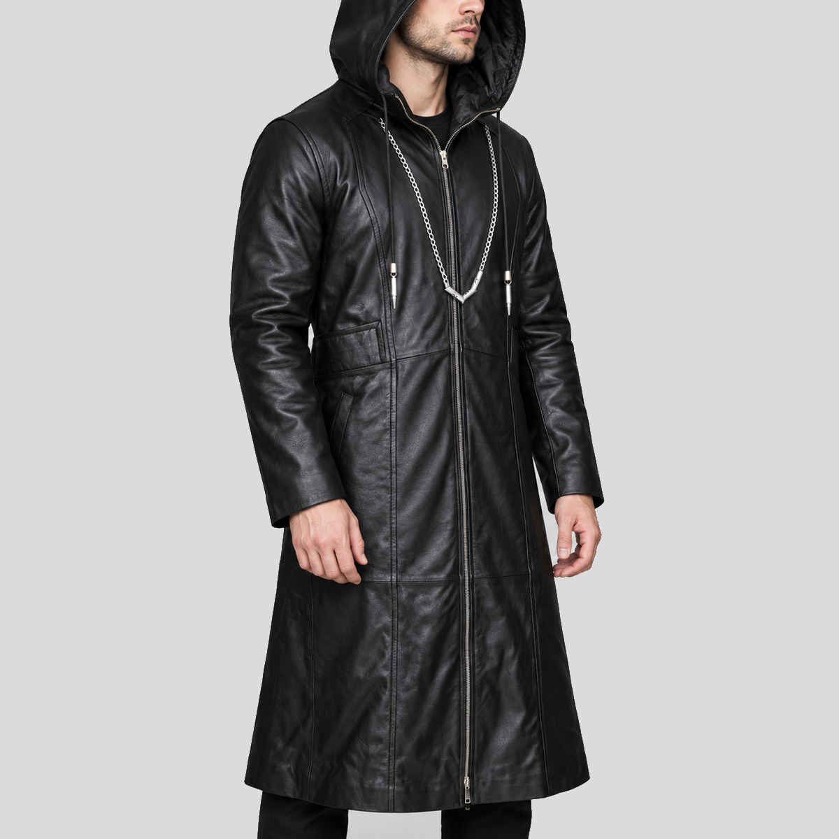 Men's black hooded chain long leather coat alternate angle